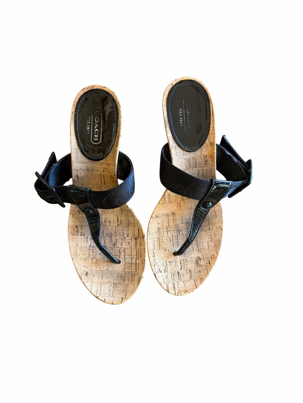 Coach Cork Wedge Sandals Black Logo Jacquard Thong Slides Women’s Size 7.5B